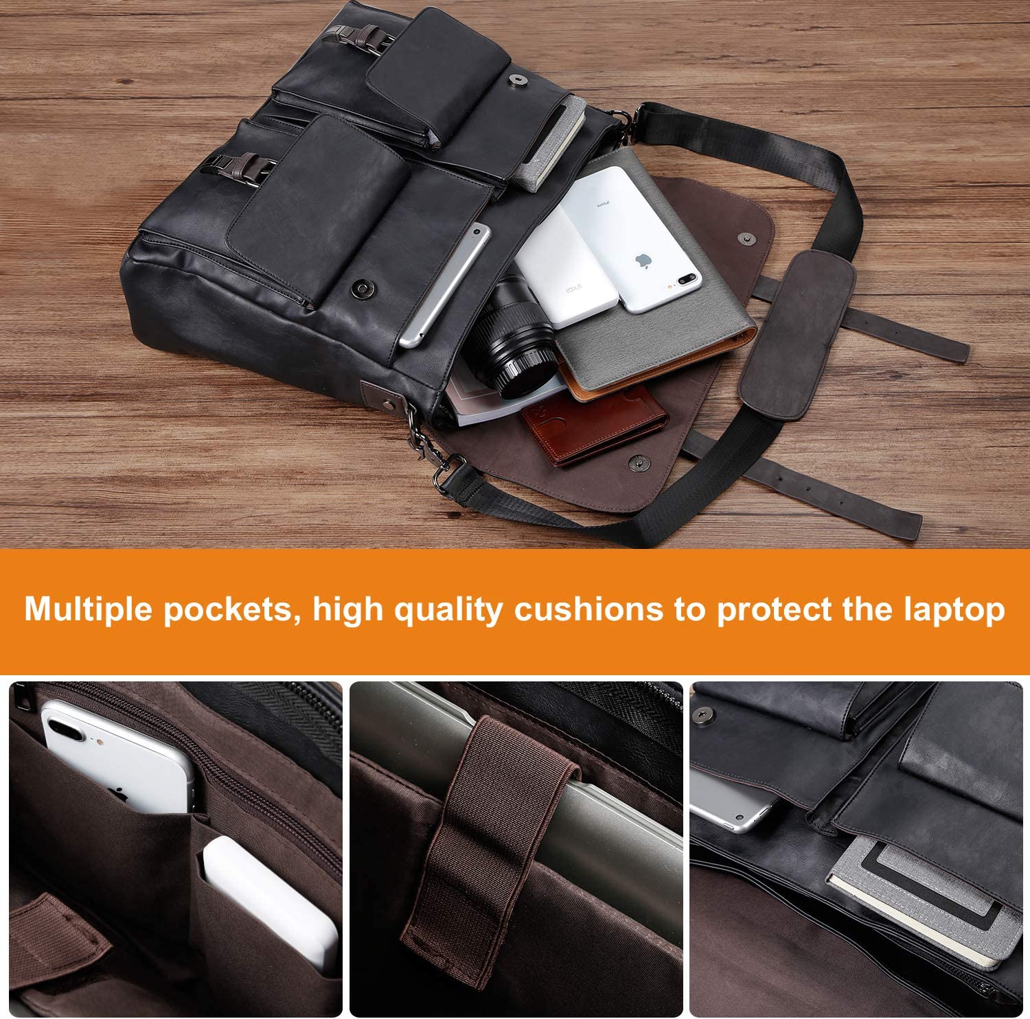 Leather Messenger Bag for Men,15.6 Inch Vintage Laptop Bag Briefcase Satchel - Image 4